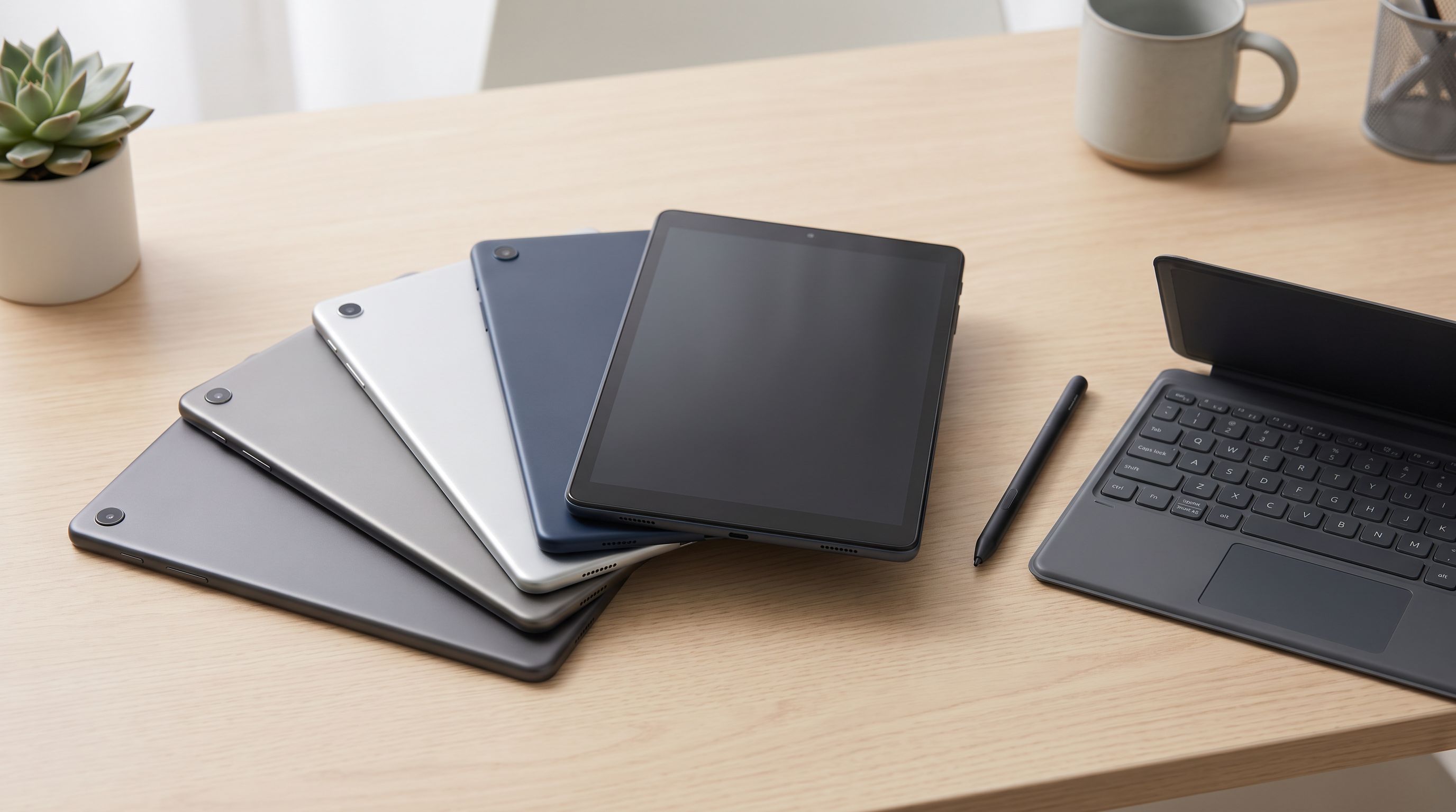 Several budget tablets fanned out on a desk beside a stylus and a detachable keyboard case