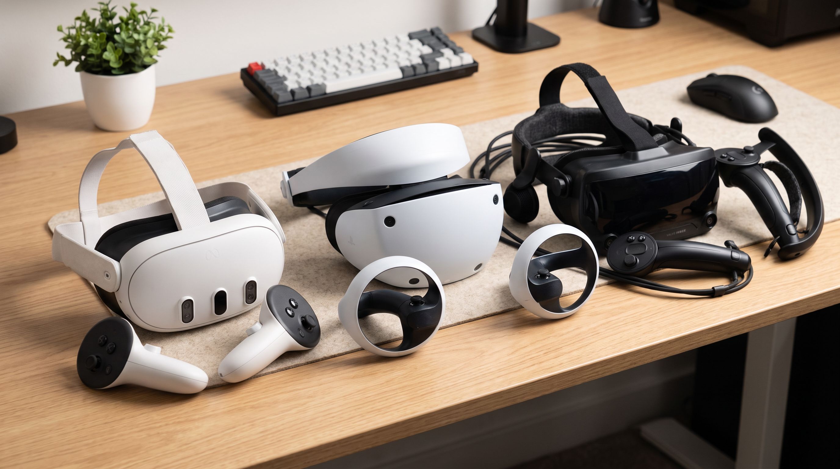 Three VR headsets — a standalone Meta Quest, a PlayStation VR2, and a PC-tethered headset — arranged side by side with their controllers on a desk