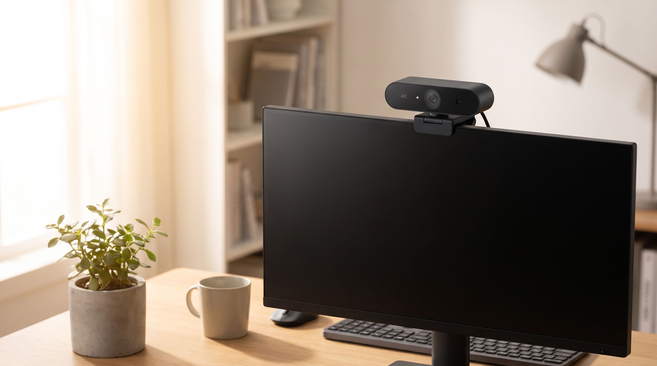 A 4K webcam clipped to the top of a monitor on a home-office desk, with a ring of soft daylight from a nearby window