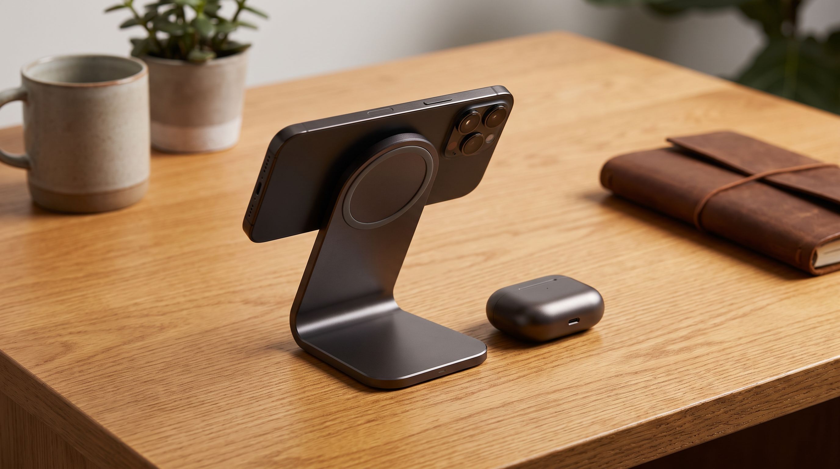 A tidy wooden desk with a magnetic Qi2 wireless charging stand holding a smartphone, earbuds case charging beside it, and no visible cable clutter