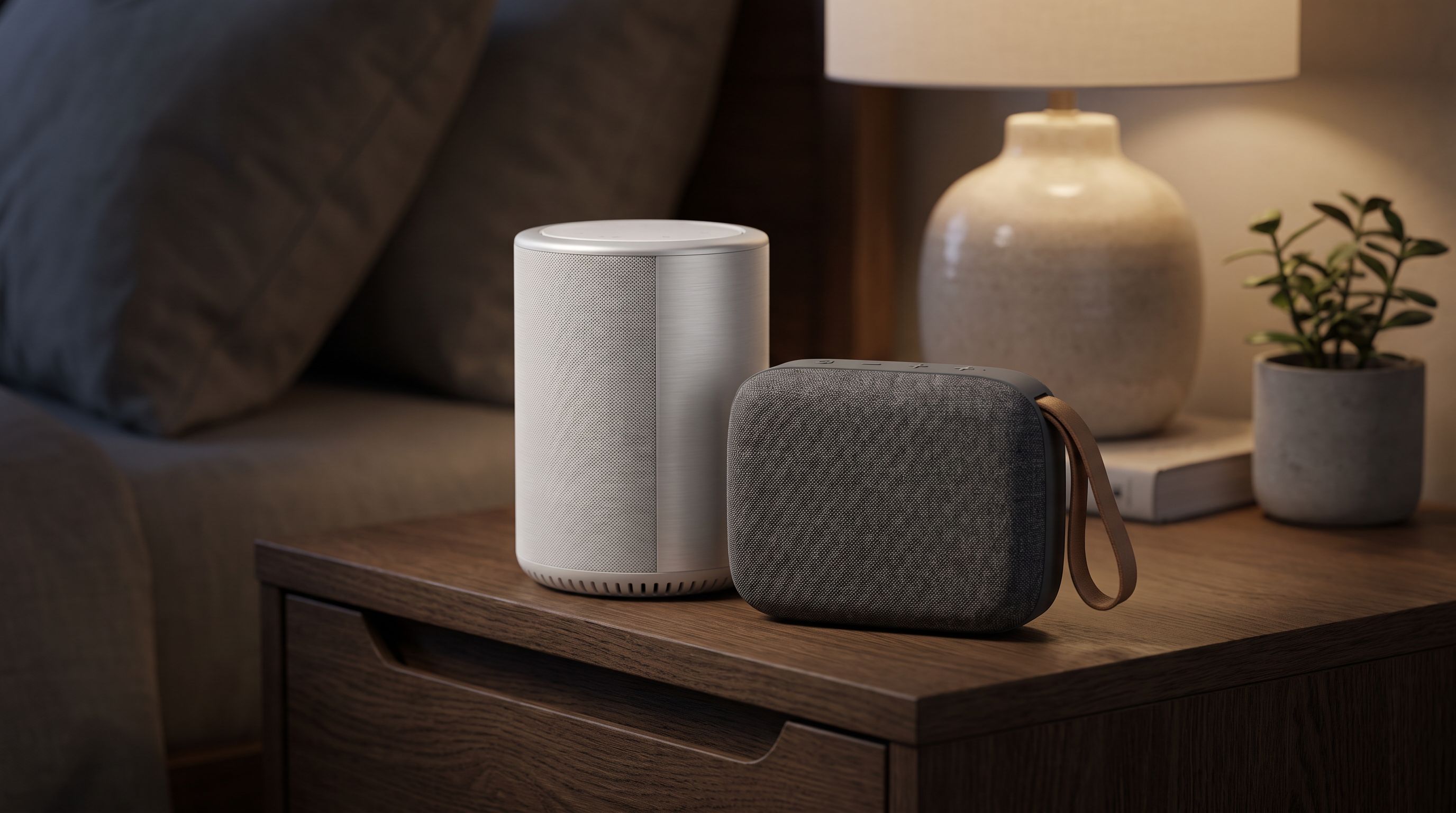 A dedicated white noise machine and a small Bluetooth speaker side by side on a bedside table in a dim bedroom