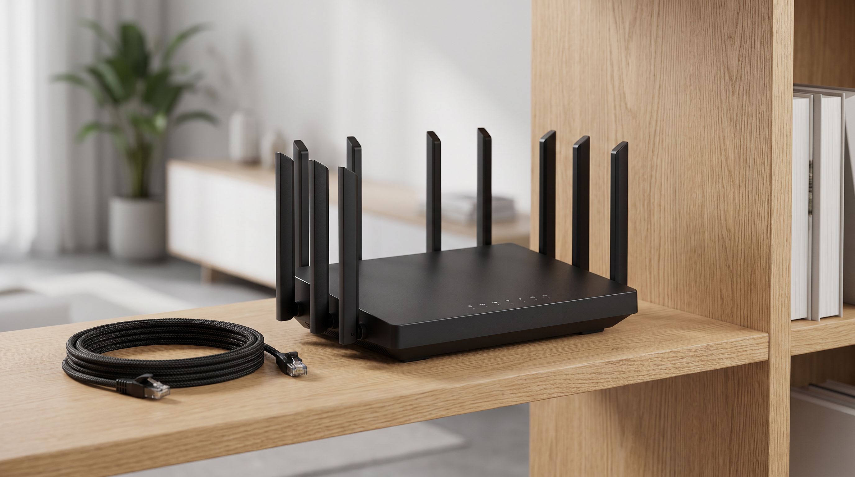 A black Wi-Fi 7 router with multiple antennas sitting on a shelf beside an Ethernet cable in a modern living room
