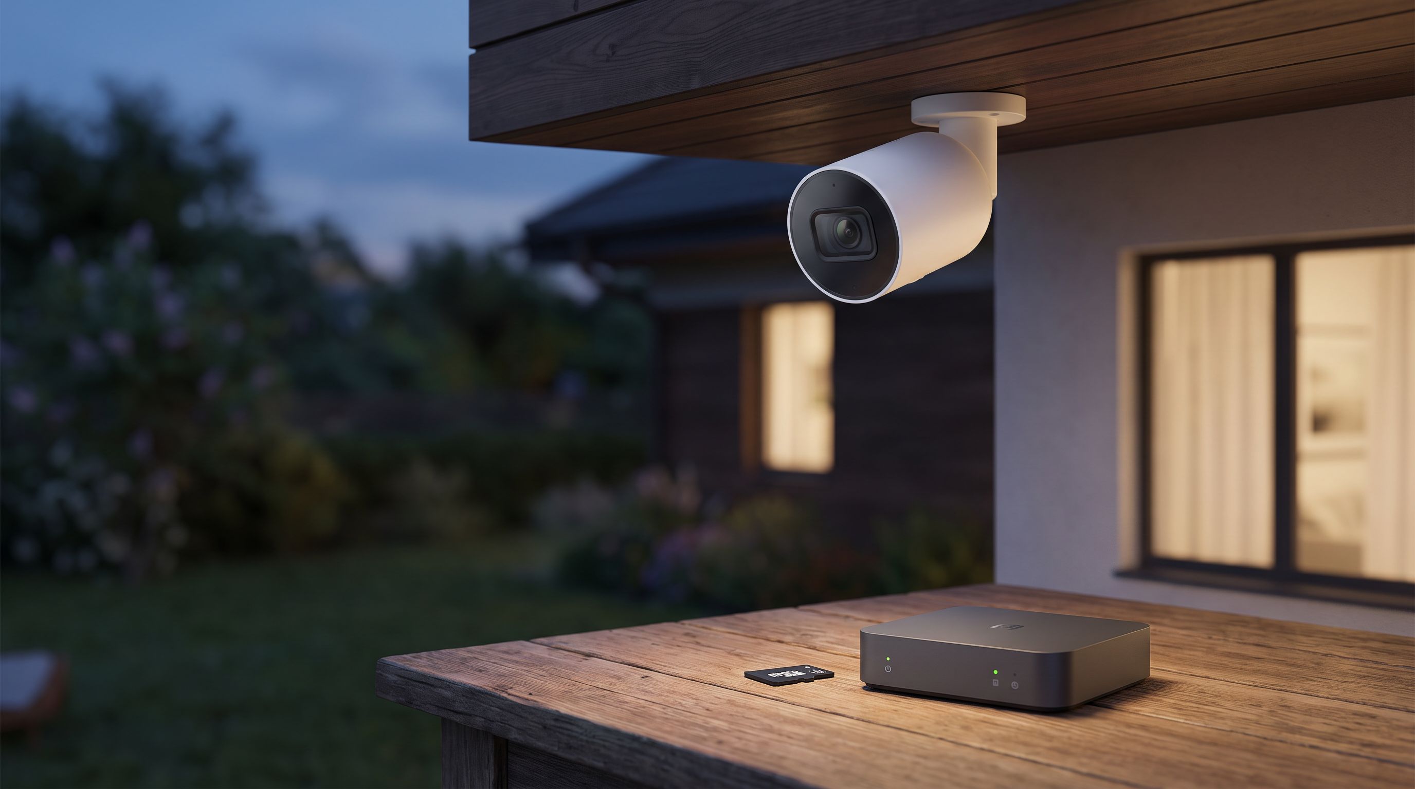 A white outdoor security camera mounted under a house eave at dusk, with a microSD card and local storage hub on a table nearby