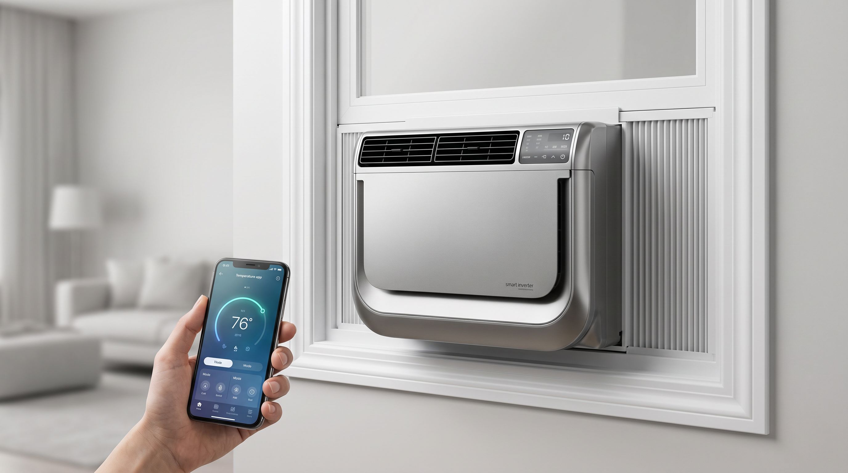 A U-shaped smart inverter window air conditioner installed in an apartment window with a smartphone app controlling it