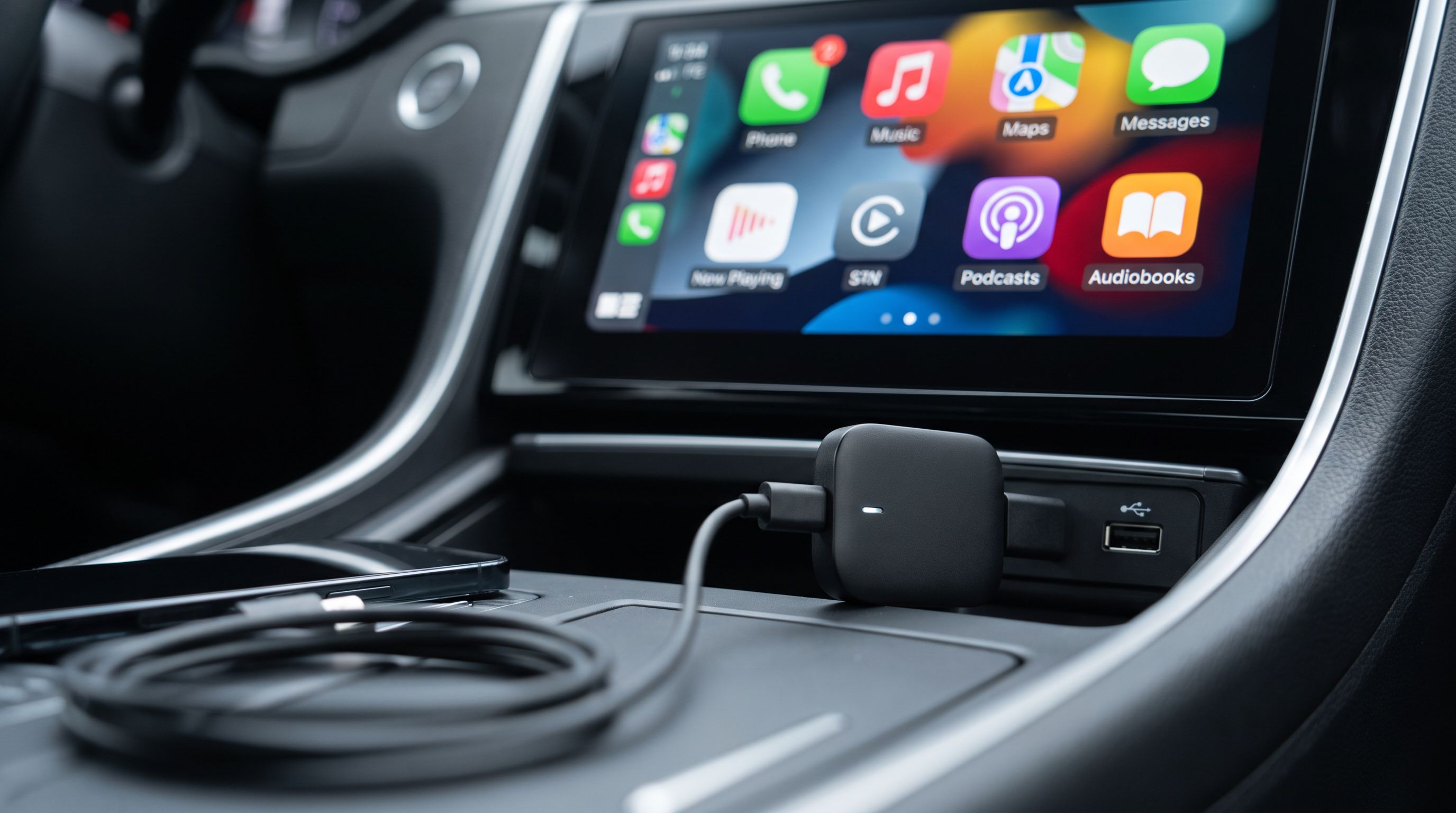 A small wireless CarPlay adapter dongle plugged into a car's USB port with the CarPlay home screen visible on the dashboard display