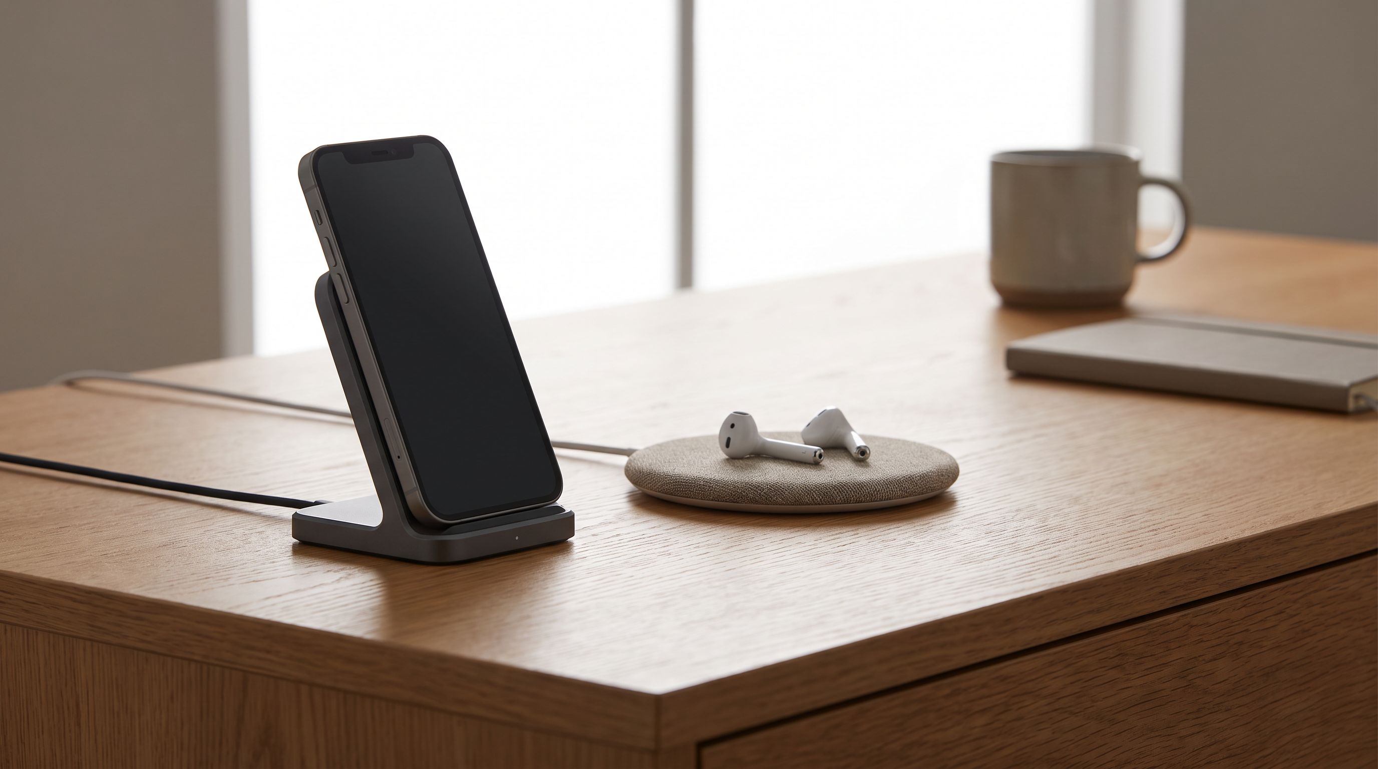 A tidy wooden desk with a magnetic wireless charging stand holding a phone upright beside a flat charging pad with earbuds on it