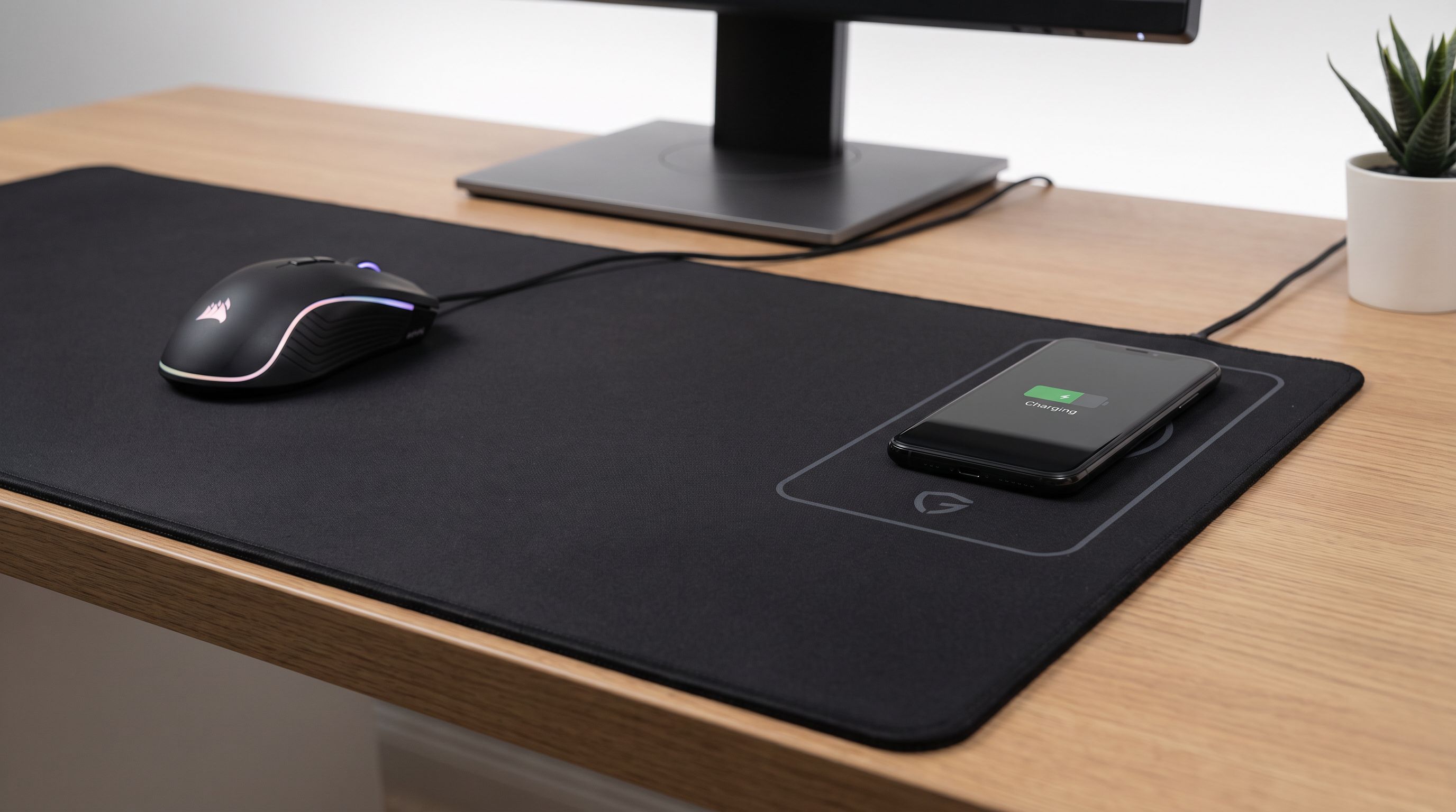 Large black desk mat with a marked wireless charging zone on the right side, a smartphone charging on it and a gaming mouse resting on the cloth surface