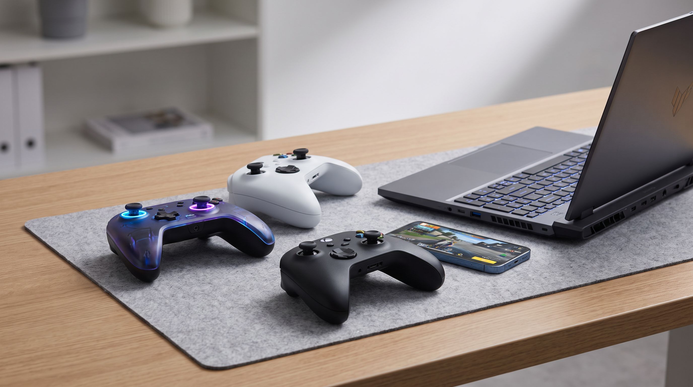 Several wireless game controllers arranged on a desk beside a gaming laptop and smartphone, including Xbox-style and pro-level gamepads with RGB-lit thumbsticks