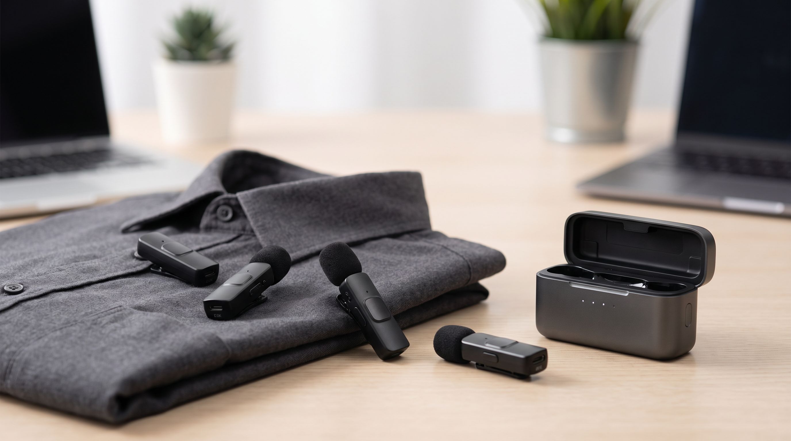 Three compact wireless lavalier microphone transmitters clipped to a shirt collar next to a receiver and charging case on a desk
