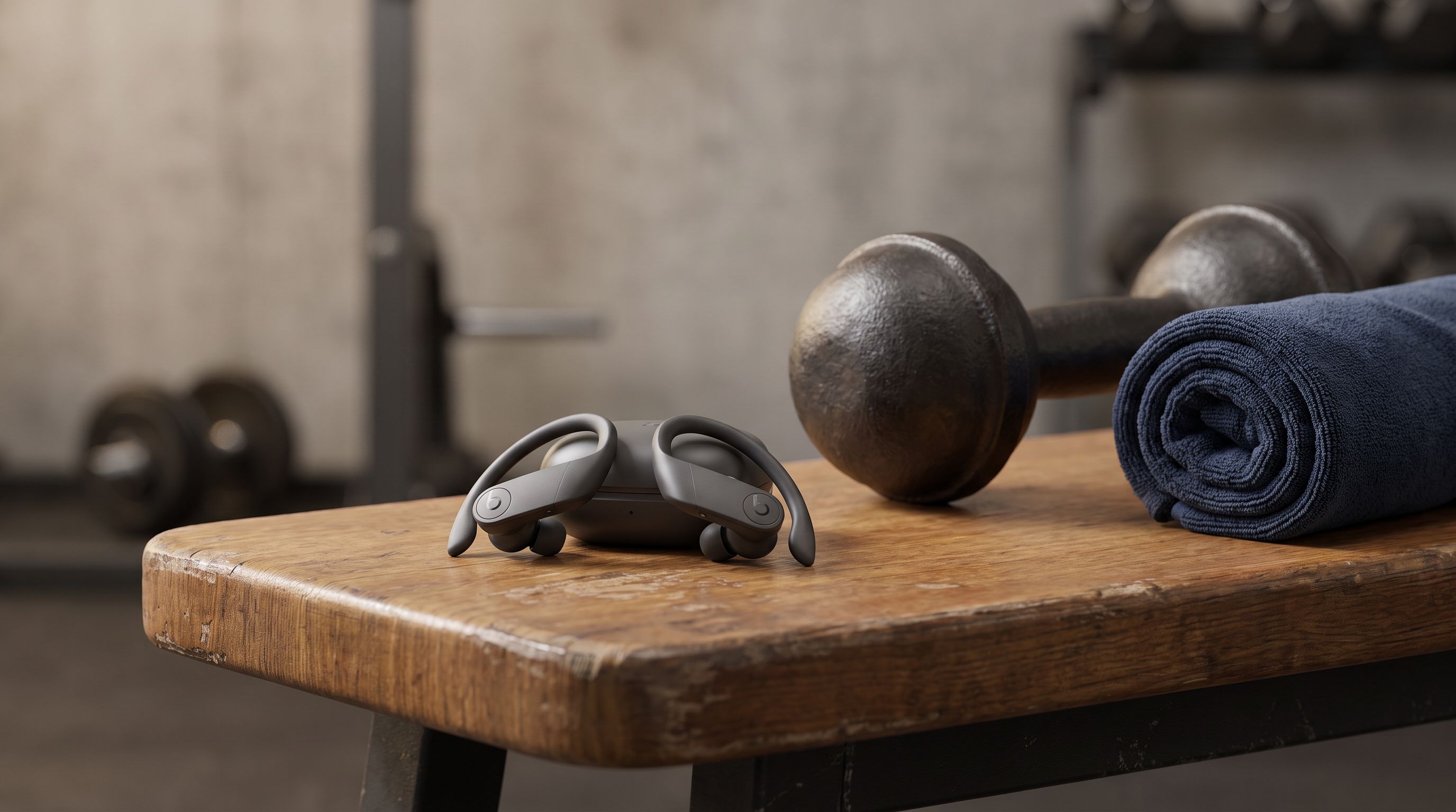 Close-up of hook-style wireless sports earbuds resting on a gym bench beside a dumbbell and towel